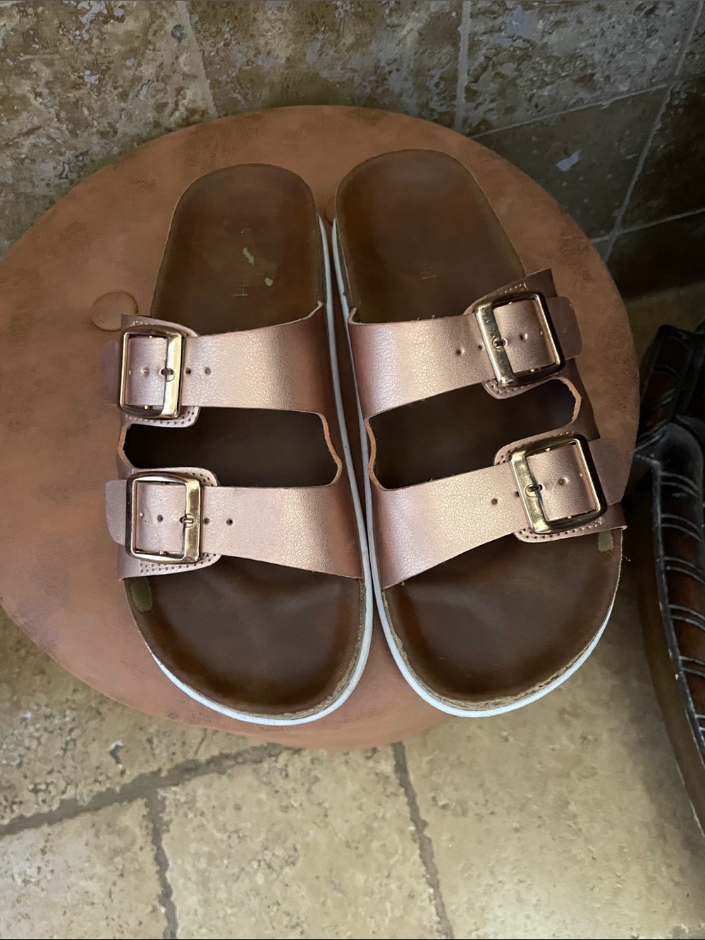 Madden Girl Metallic Rose Gold Double-Buckle Slide Sandals